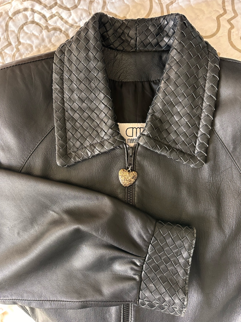 Bottega Intrecciato woven Detail Black Faux Leather Jacket with Heart Zipper